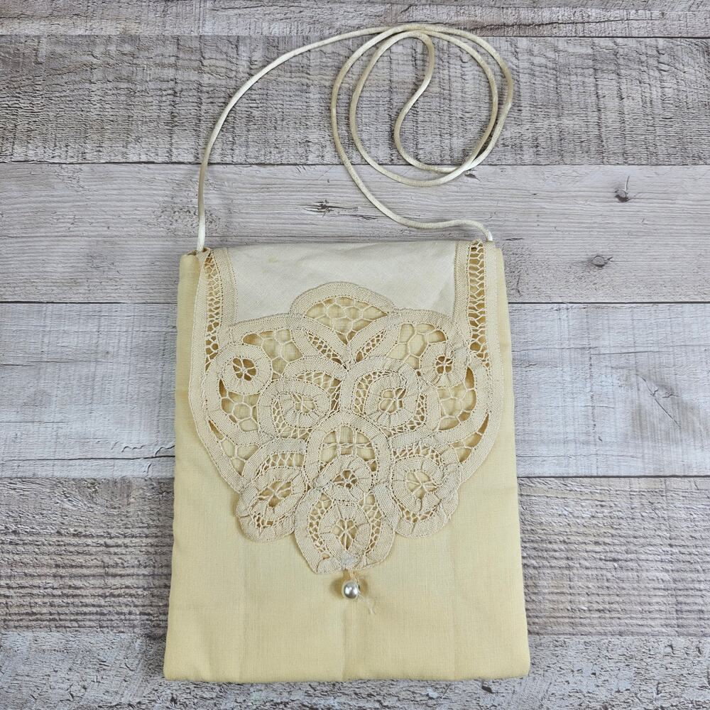 Vintage Hand Made Cloth Lace Purse Crossbody Bridal Shower Wedding Romantic